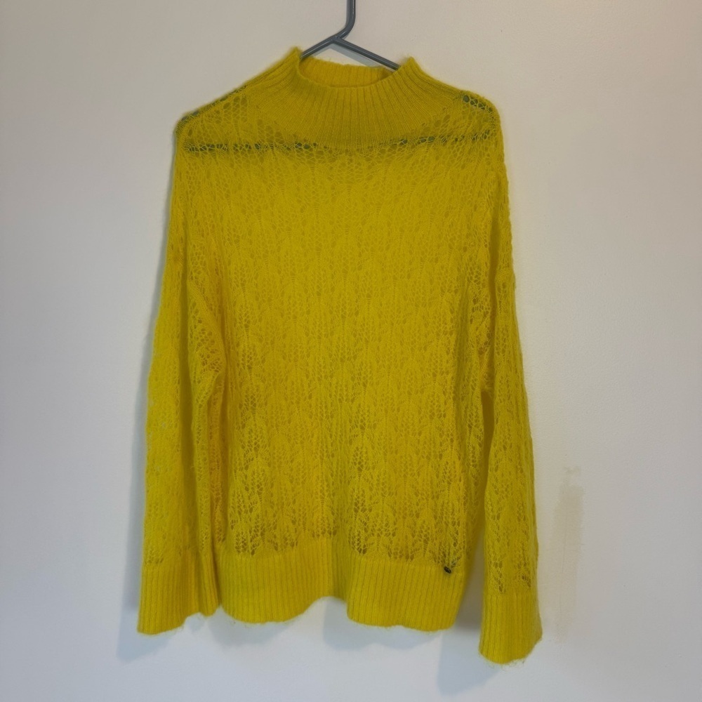 Ted Baker Yellow Kcarly Long Sleeve Pointelle mock neck open knit 4/10 wool blen